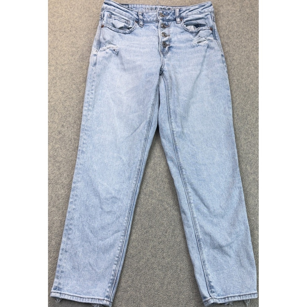 American Eagle Womens Stretch Straight Jeans Light Blue Button Fly Distressed 4S